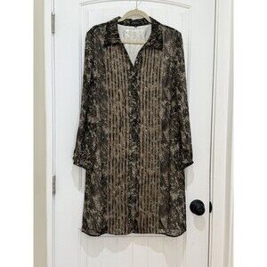 Tahari Blouson Shirt Dress Knee Length Sz 14 Brown Black Chiffon Career L/S a